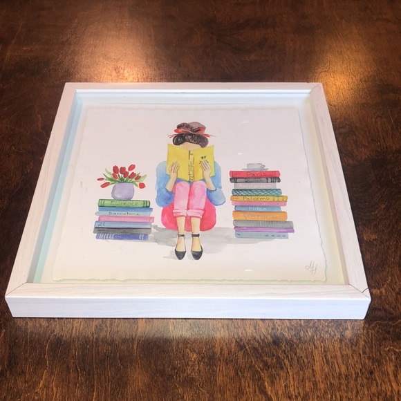 Watercolor hanging Art Girl Reading Books Tulips Paris London Original - Picture 9 of 16